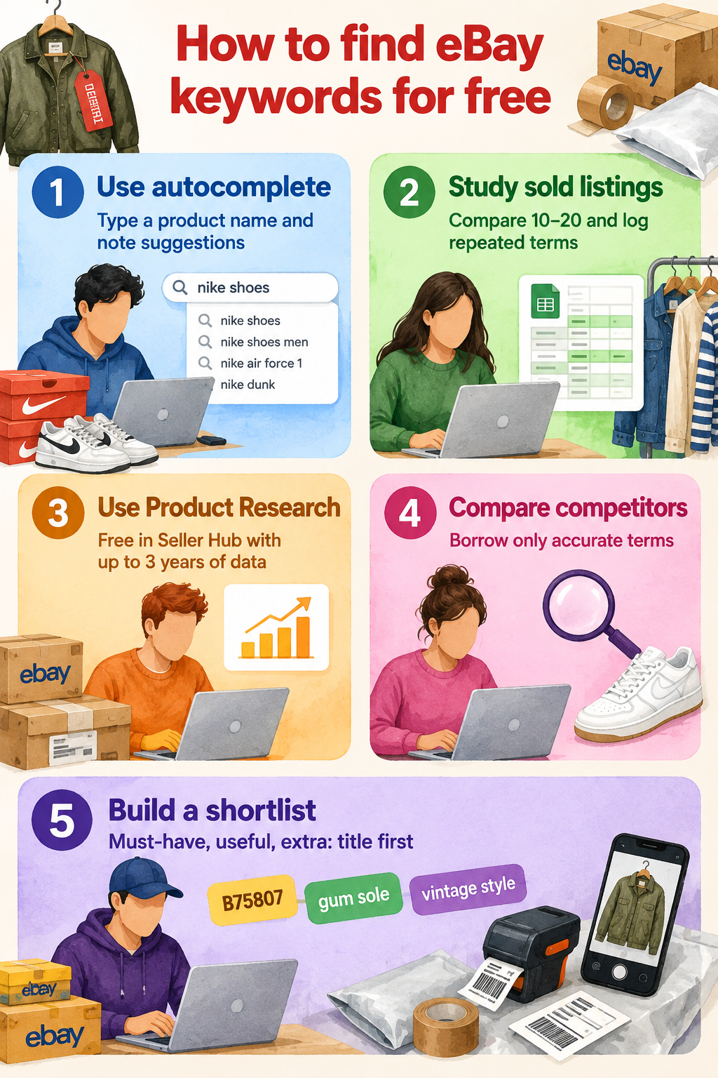 Infographic titled "How to find eBay keywords for free" with five steps: 1) use autocomplete, 2) study sold listings, 3) use Product Research, 4) compare competitors, and 5) build a shortlist.