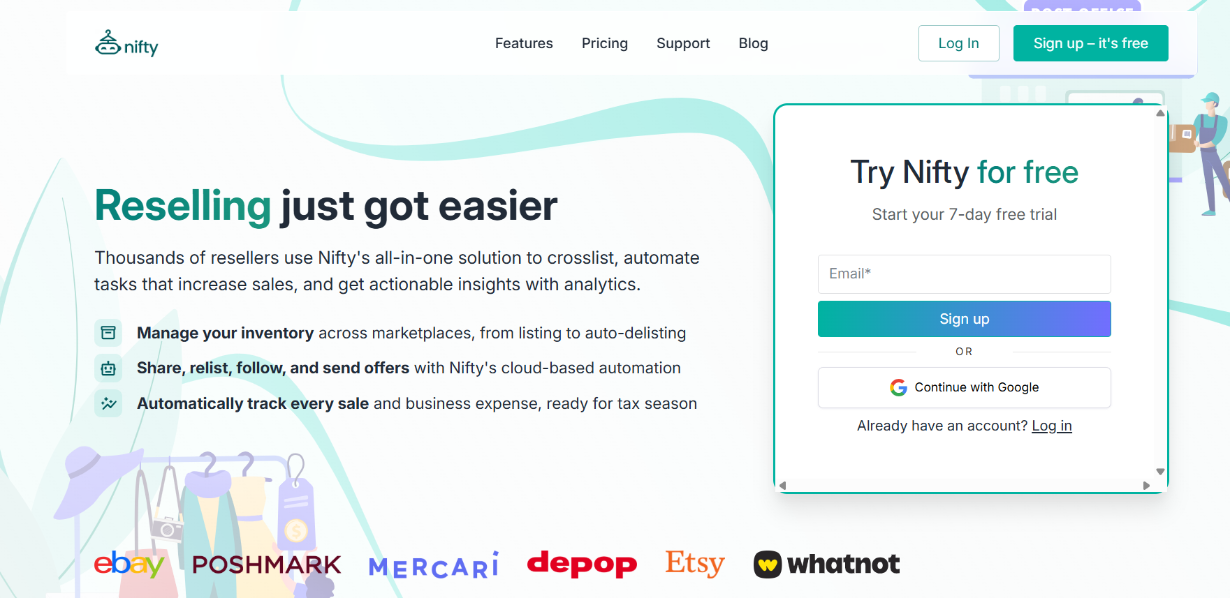 Nifty reselling platform homepage showing inventory management, sales automation, expense tracking, a seven-day free trial signup form, and supported marketplace logos below the page.