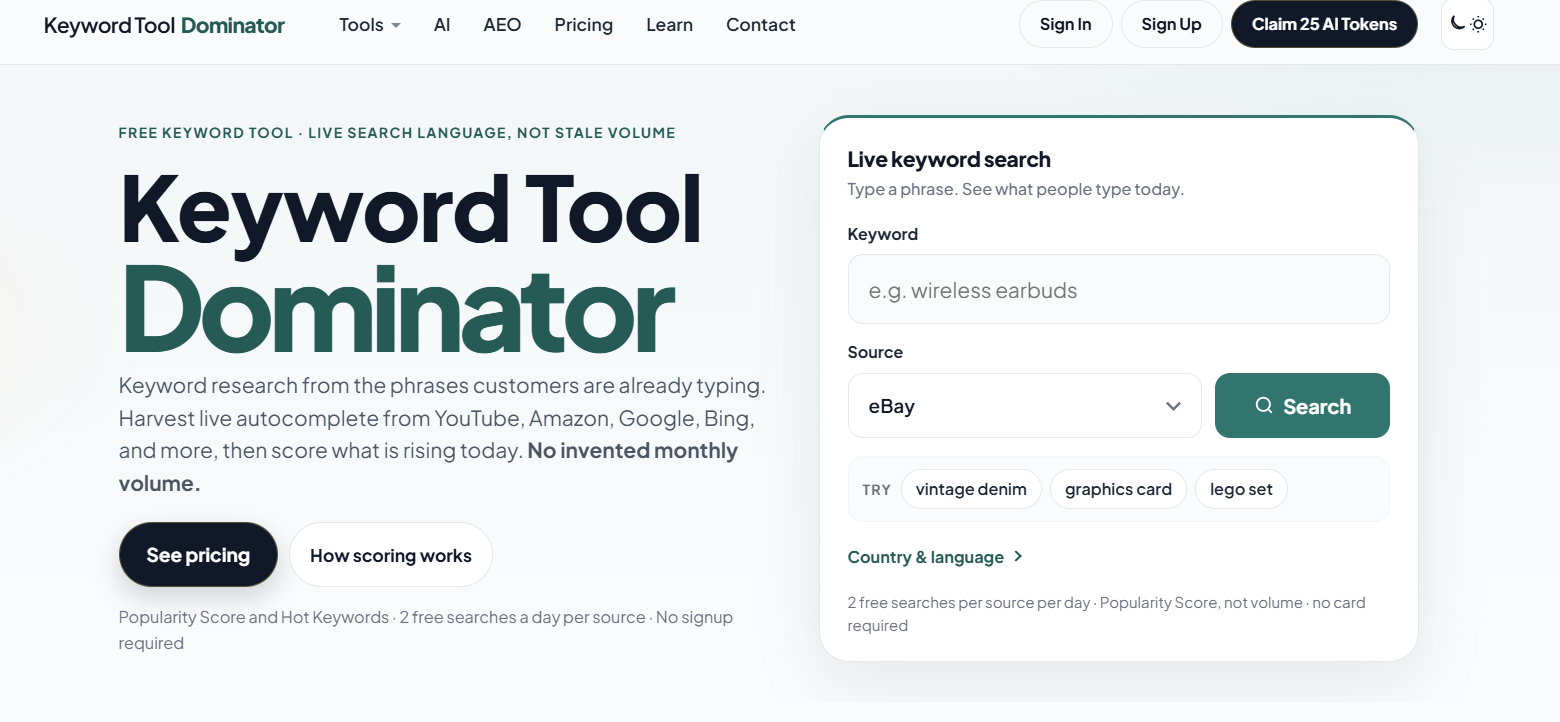 Keyword Tool Dominator homepage showing its live keyword search tool, with eBay selected as the source and options for keyword research, pricing, and scoring.