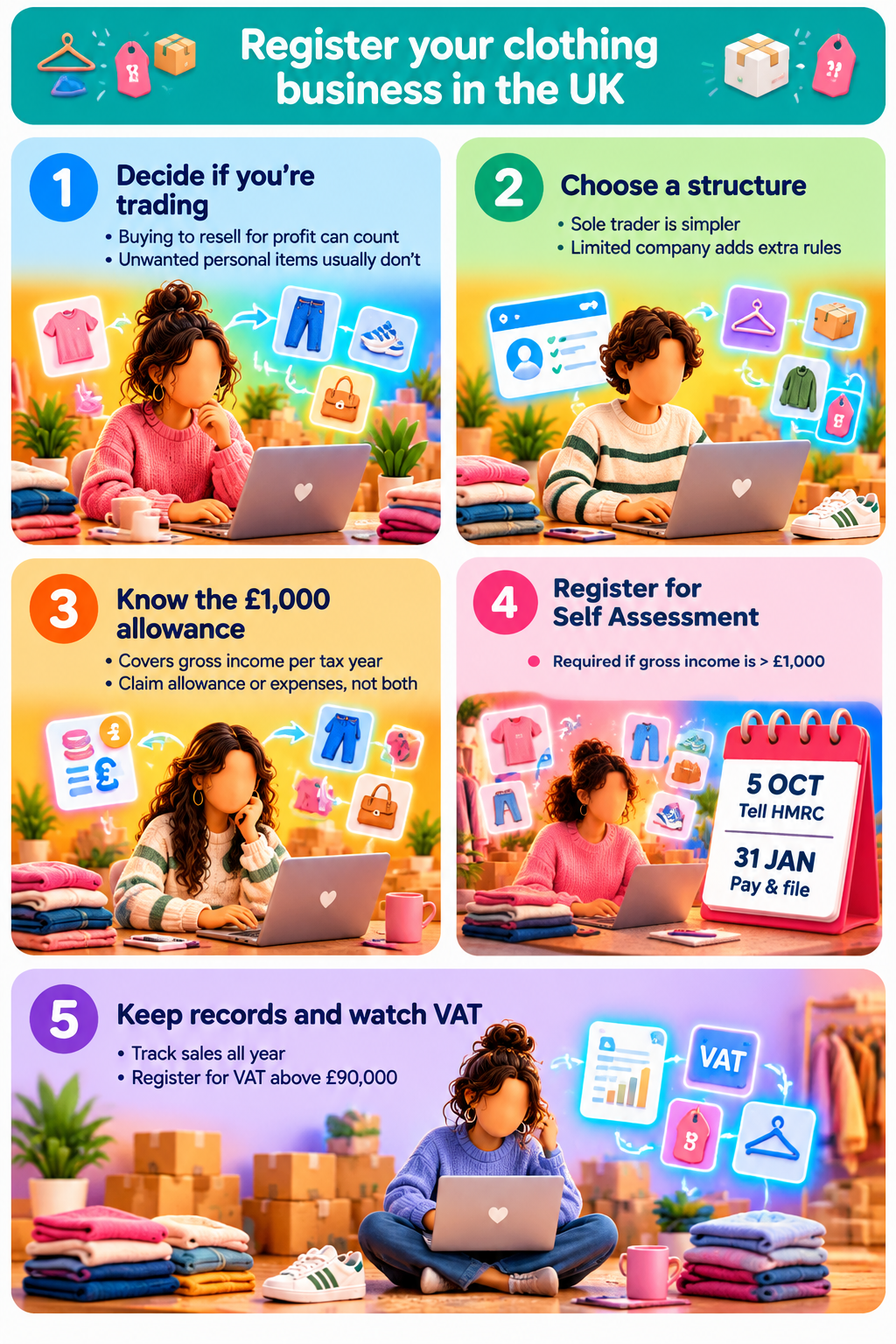 Infographic titled "Register your clothing business in the UK" with five steps: 1) decide if you're trading, 2) choose a structure, 3) know the £1,000 allowance, 4) register for Self Assessment if necessary, and 5) keep records and watch VAT above £90,000.