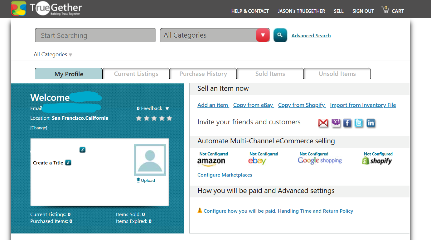 TrueGether seller dashboard showing profile details, listing tabs, item creation options, marketplace integrations, payment settings, inventory counts, and multichannel ecommerce automation tools.