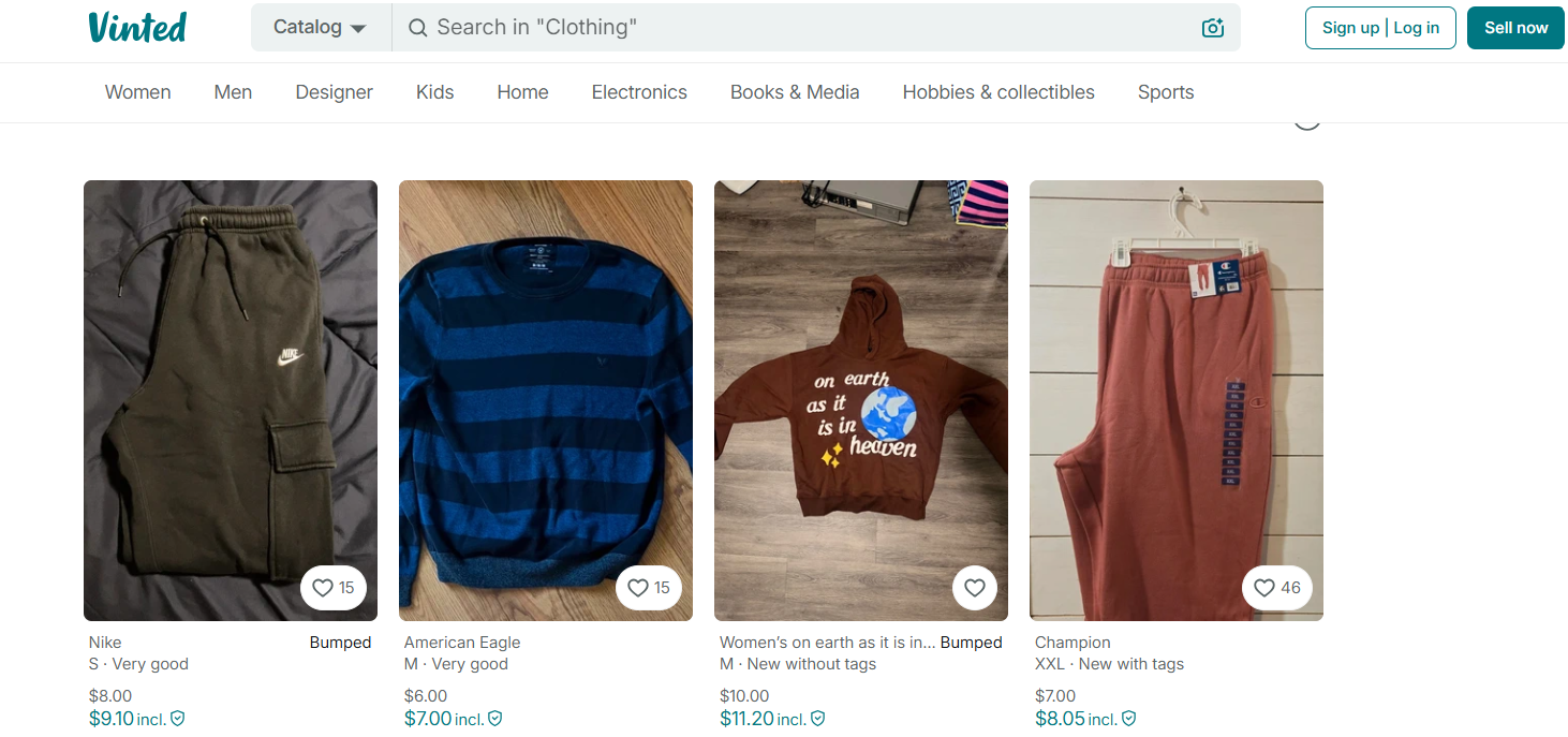 Vinted clothing marketplace showing Nike joggers, American Eagle sweater, graphic hoodie, and Champion trousers with prices, conditions, favorites, and buyer-inclusive totals displayed.