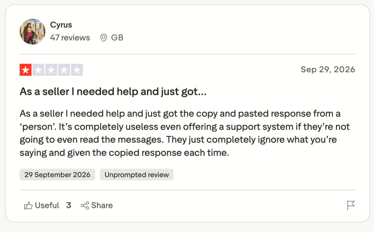 Trustpilot review from a UK Vinted seller criticizing customer support for sending repeated generic responses that failed to address the specific problem they reported.