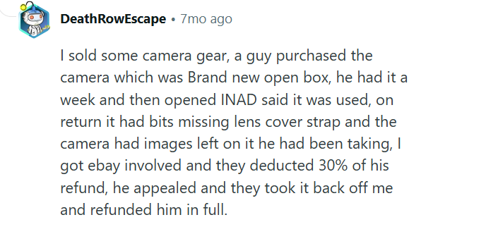 Reddit user describes an eBay camera return dispute where missing accessories and buyer-added photos led to a full refund after the buyer appealed.