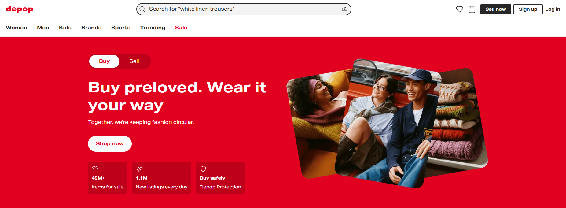 Depop homepage promoting preowned fashion with shopping navigation, seller options, marketplace statistics, buyer protection, and lifestyle images of shoppers wearing and browsing secondhand clothing.