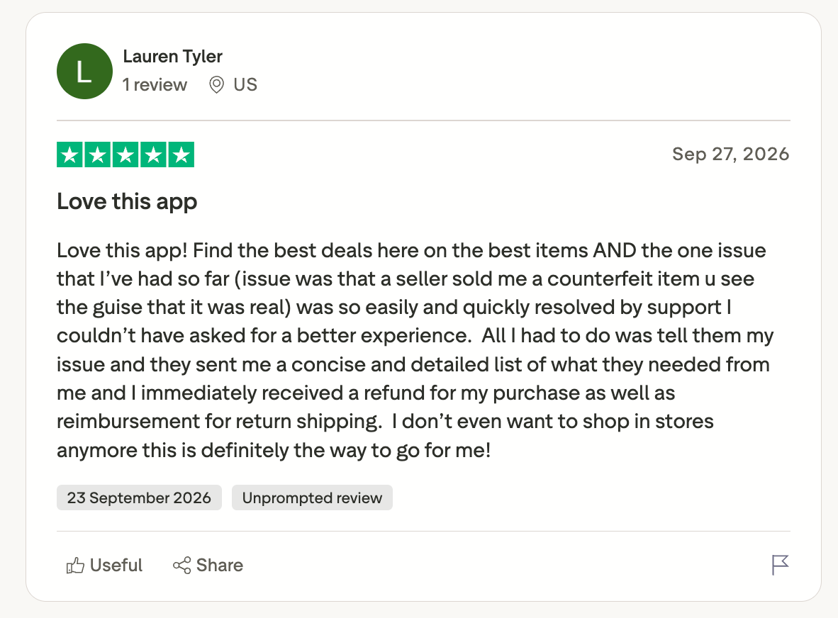 Trustpilot reviewer praises Depop for finding deals and responsive support, describing a counterfeit-item dispute that resulted in a refund and reimbursement for return shipping.