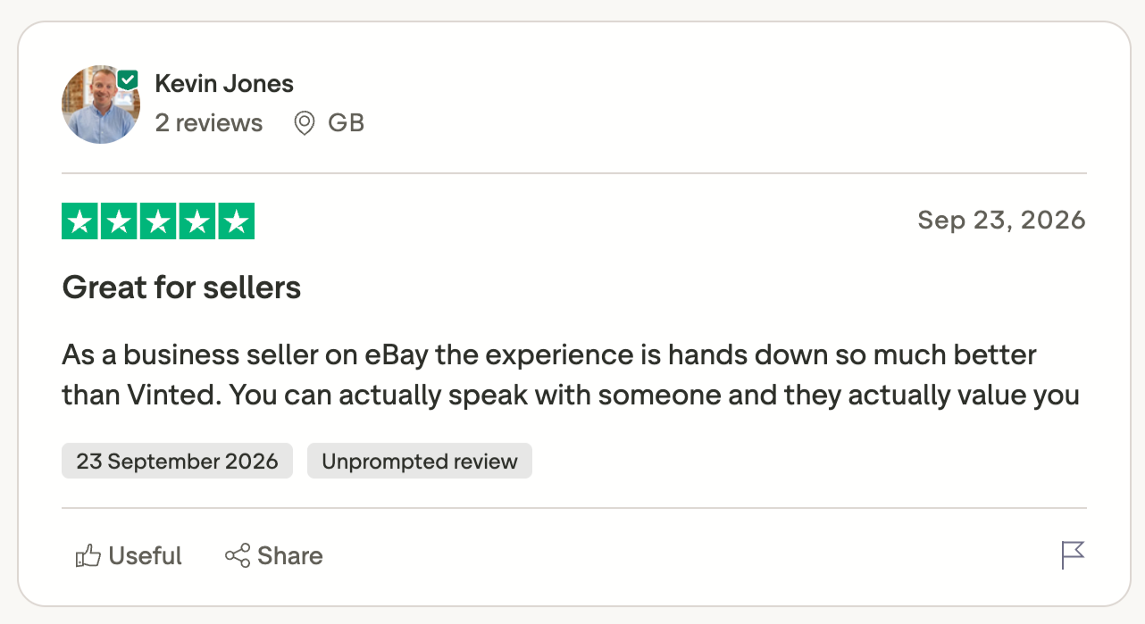 @ via: Trustpilot review from a UK eBay business seller praising seller support and saying the experience is significantly better than selling through Vinted for businesses.