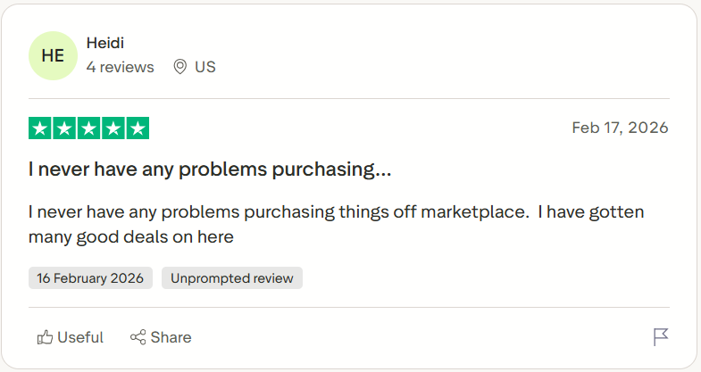 Trustpilot reviewer gives Facebook Marketplace five stars, saying they consistently have trouble-free purchases and have found many good deals while shopping through the platform.