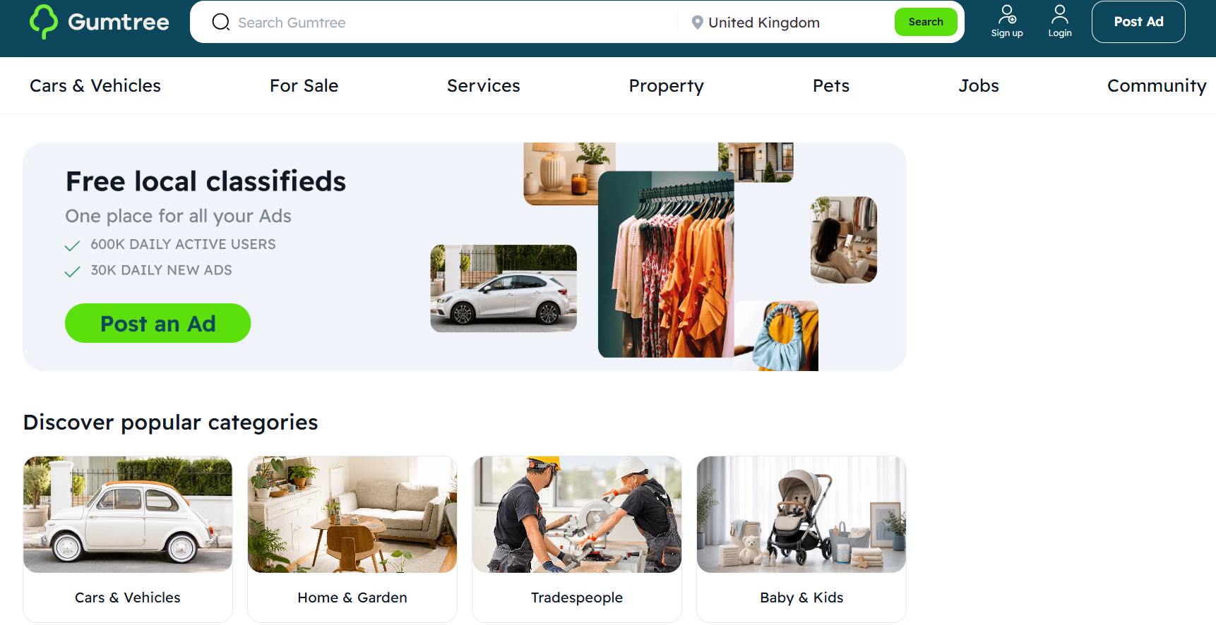 Gumtree UK homepage showing a search bar, a "Free local classifieds" banner with a green "Post an Ad" button, and popular categories including Cars & Vehicles, Home & Garden, Tradespeople, and Baby & Kids.