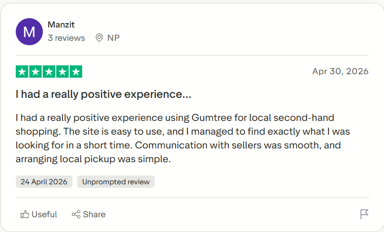 Trustpilot reviewer praises Gumtree for easy local second-hand shopping, smooth seller communication, quickly finding desired items, and arranging a simple local pickup experience.