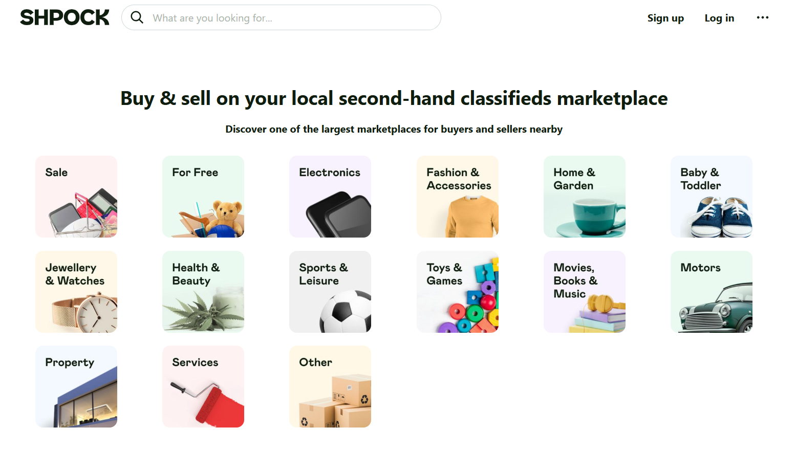 Shpock homepage showing its local second-hand marketplace with categories for electronics, fashion, home, toys, motors, jewellery, sports, property, services, and other goods.