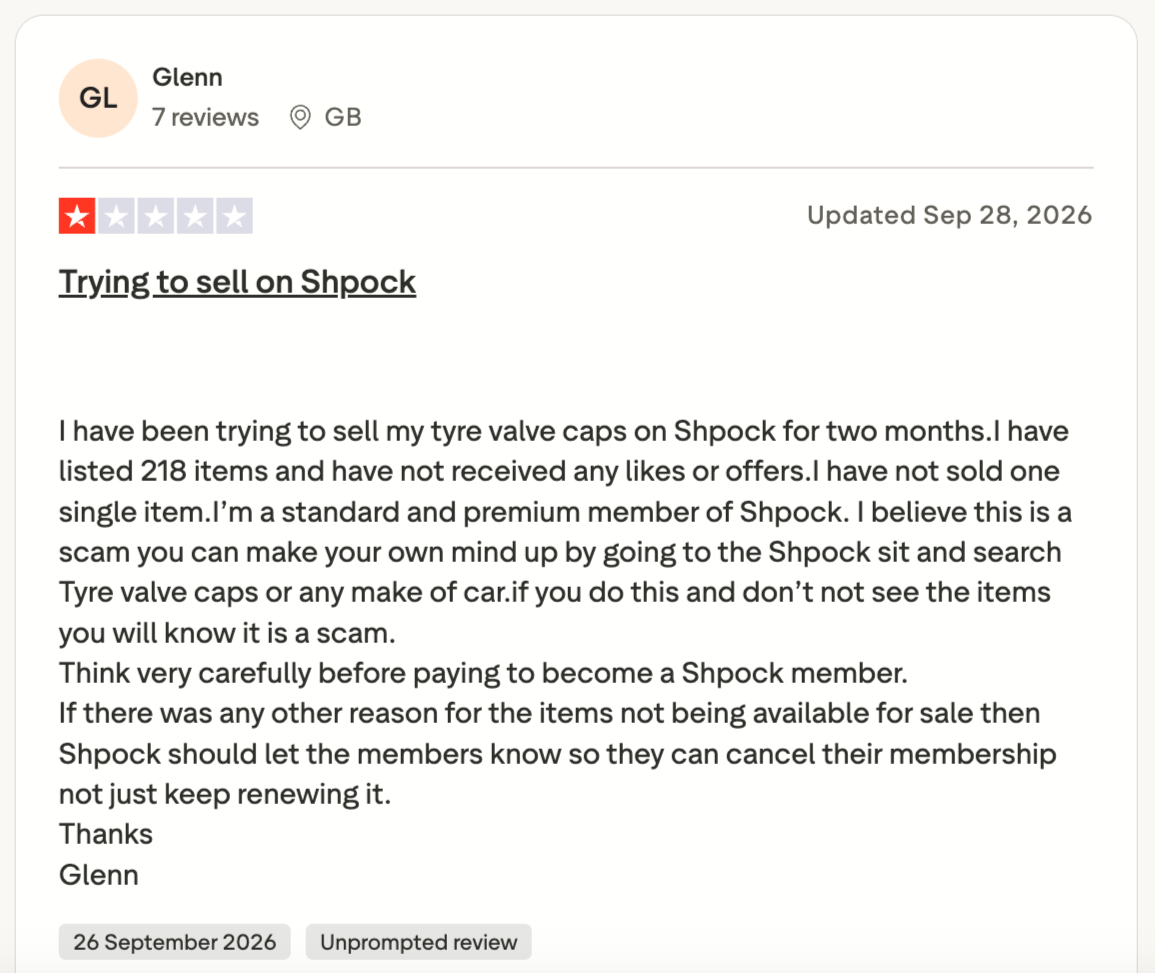 Trustpilot review from a UK Shpock seller criticizing poor listing visibility after posting 218 items without receiving likes, offers, or sales over two months.
