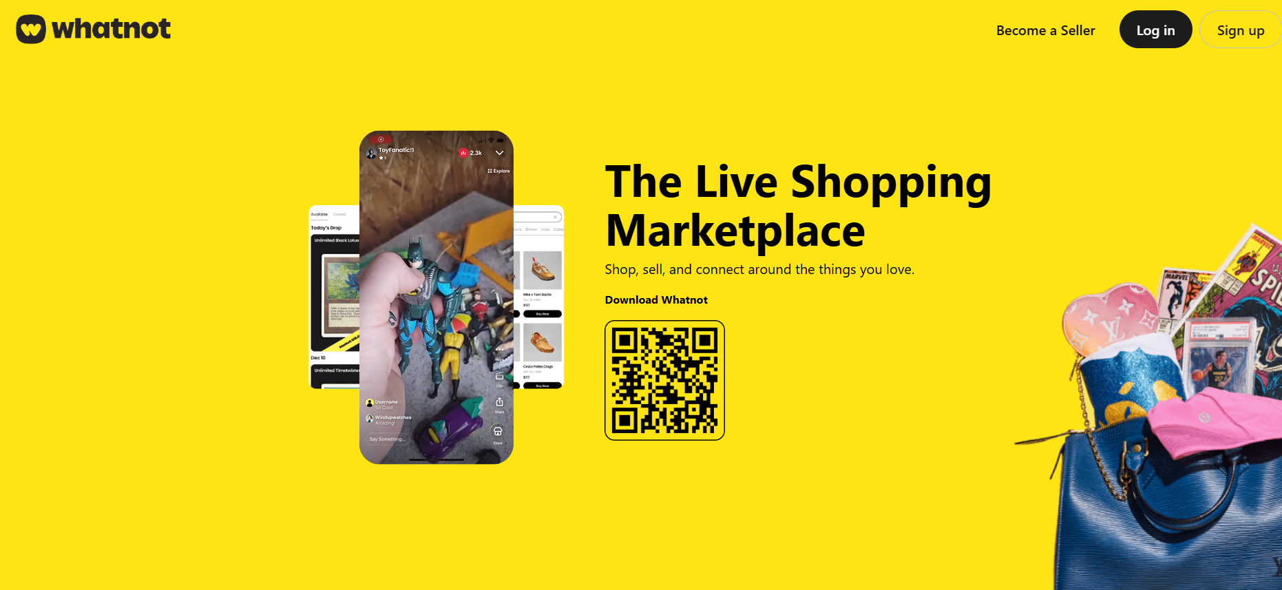 Whatnot homepage promoting its live shopping marketplace, featuring livestream selling, collectible products, fashion accessories, seller registration, app download QR code, and account sign-up options.