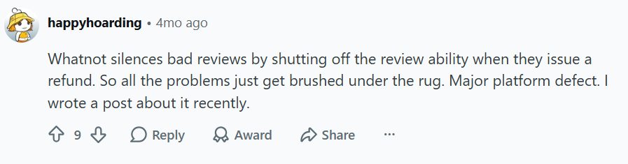 Reddit user claims Whatnot prevents reviews after issuing refunds, arguing the policy hides negative customer experiences and makes recurring platform problems less visible to users.