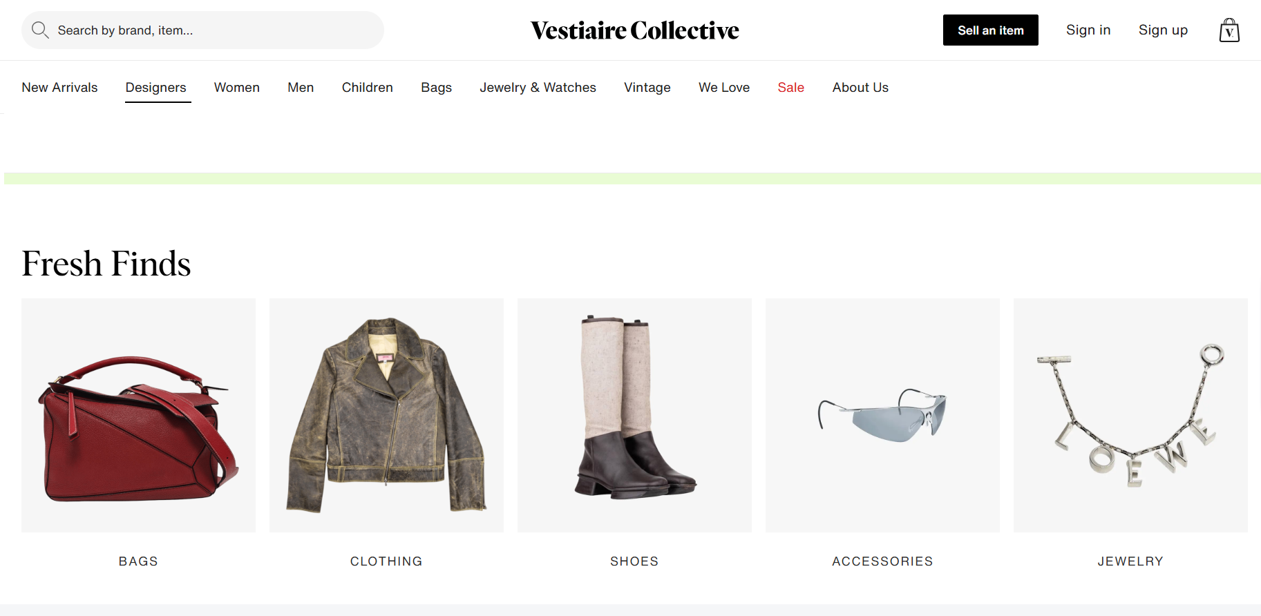 Vestiaire Collective homepage displaying fresh designer finds across bags, clothing, shoes, accessories, and jewellery, with navigation options for shopping, selling items, and account access.