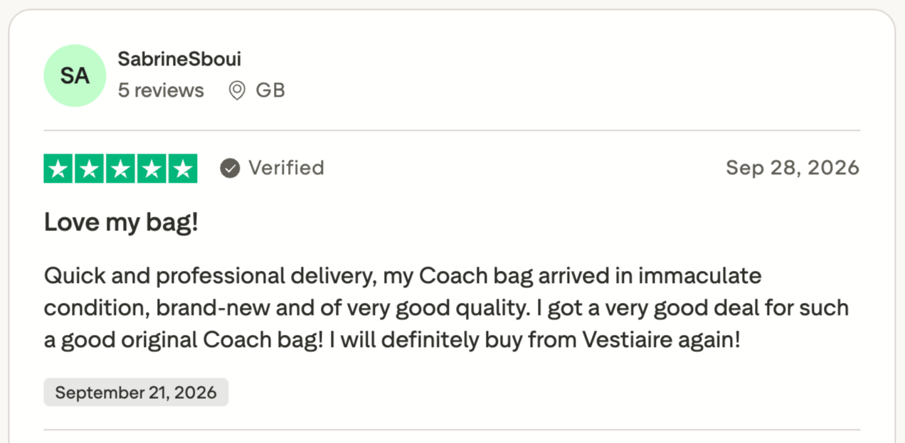 Trustpilot reviewer praises Vestiaire Collective after receiving a Coach bag in excellent condition, highlighting professional delivery, product quality, good value, and plans to buy again.