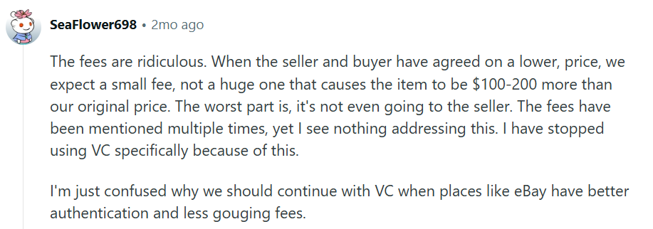Reddit user criticizes Vestiaire Collective fees, claiming added buyer costs significantly increase prices and arguing eBay offers lower fees and better authentication for luxury purchases