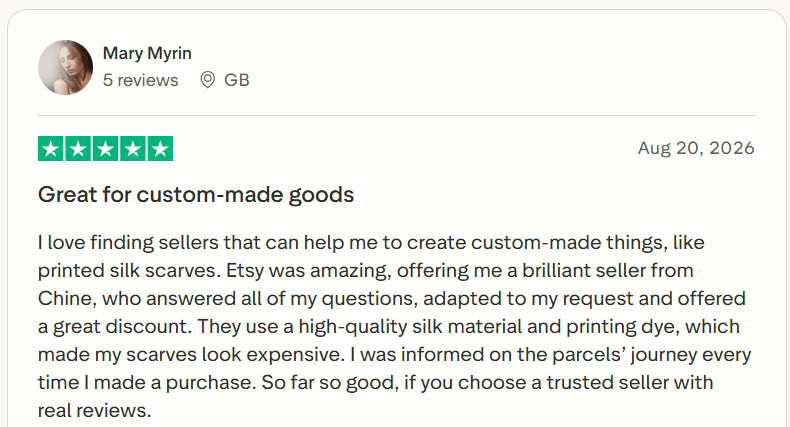 Trustpilot reviewer praises Etsy for custom-made goods, highlighting responsive sellers, personalised requests, quality materials, discounts, parcel tracking, and the importance of choosing trusted shops.