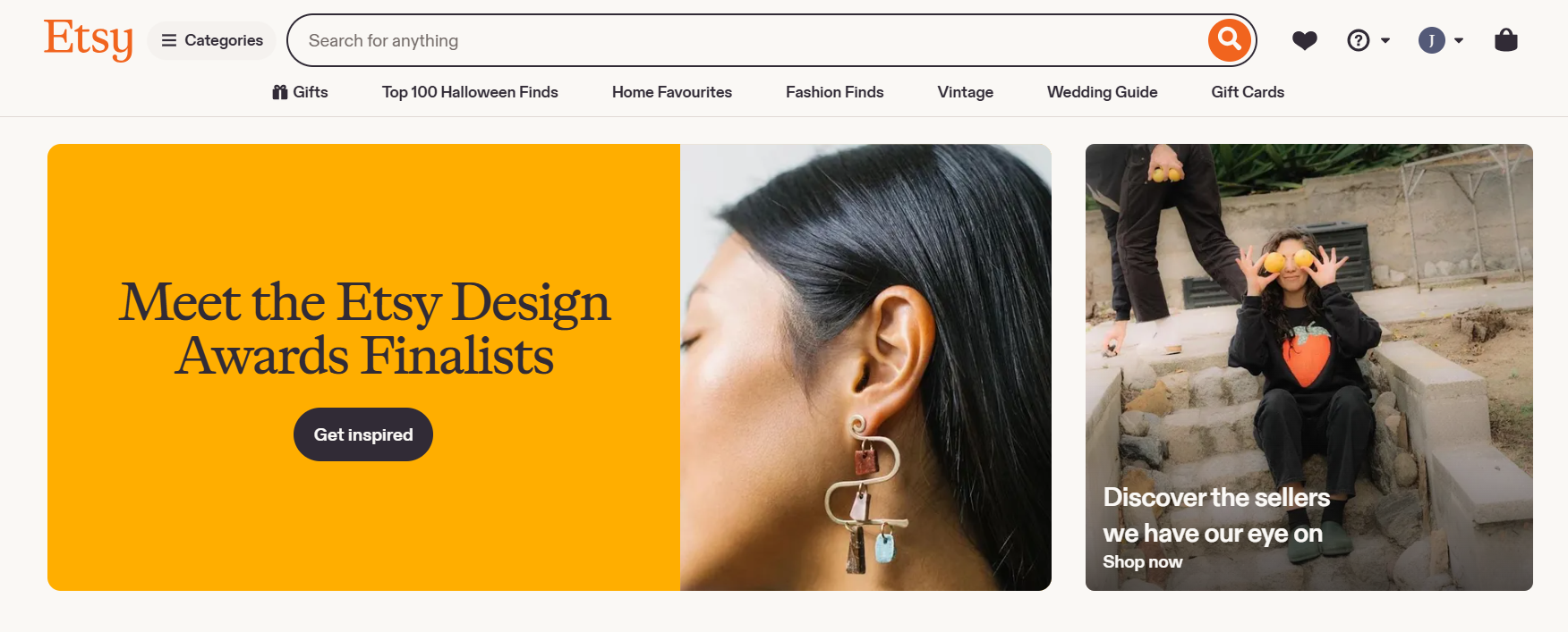 Etsy homepage featuring Design Awards finalists, seller discoveries, jewellery imagery, and navigation links for gifts, fashion, vintage products, weddings, favourites, and marketplace categories.