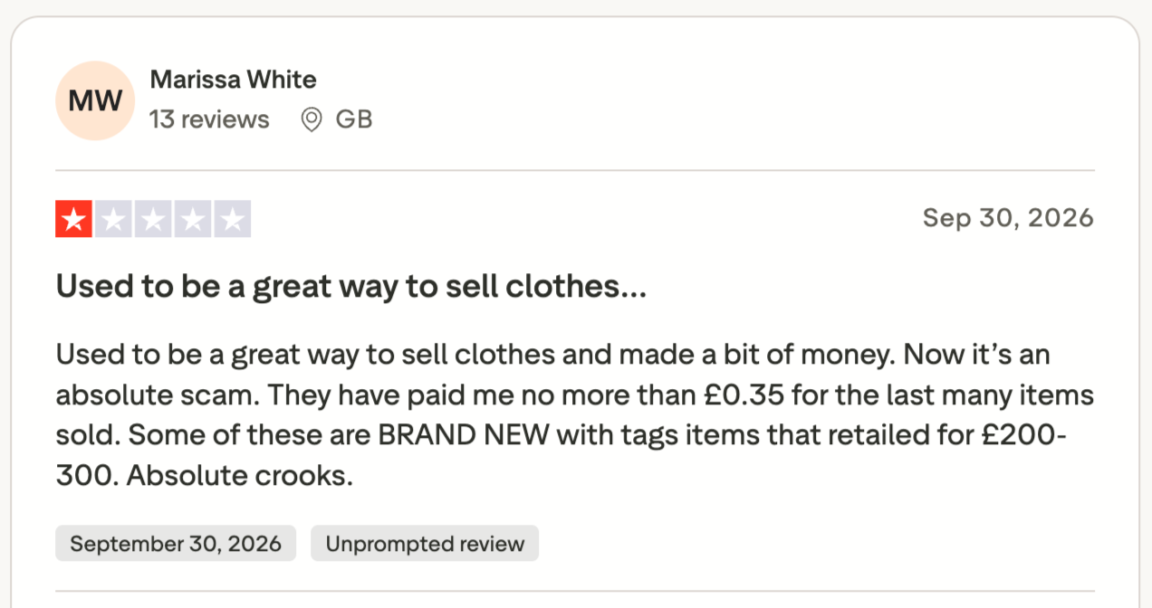 Trustpilot reviewer criticizes Thrift+ seller payouts, claiming recent clothing sales earned extremely low amounts despite some items being brand new and originally worth hundreds of pounds.