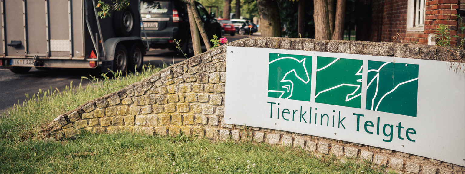 Tierklinik Telgte Schild an Steinmauer mit Anhänger im Hintergrund