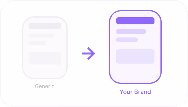 Comparison showing a generic design on the left and a customized branded design on the right labeled Your Brand with a purple arrow pointing from left to right.