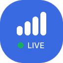 Mobile signal strength icon with four white bars, green dot, and the word LIVE on a blue rounded square background.