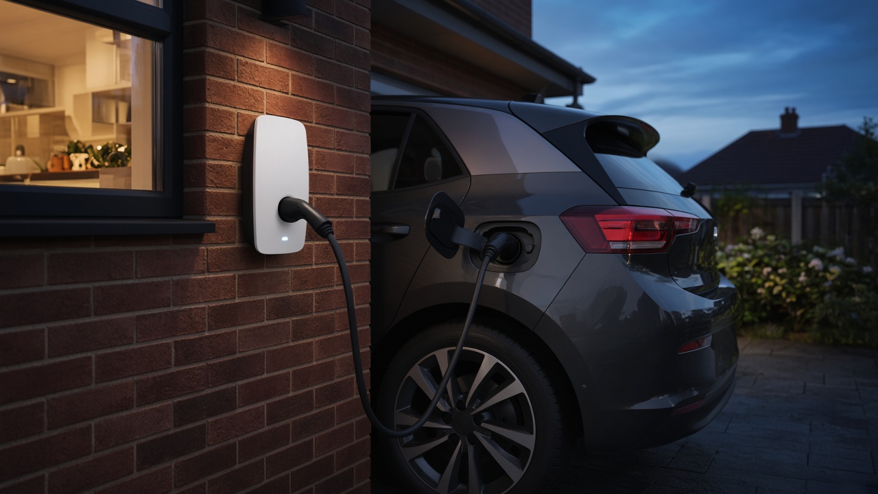 A wall-mounted home EV charger on a brick house, plugged into a car on a UK driveway at dusk.