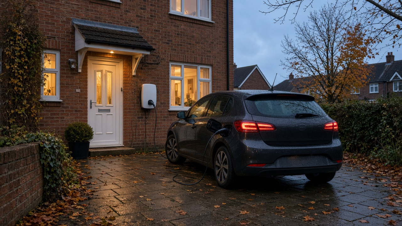A home EV charger on a brick house, cable connected to a dark grey car on the driveway at dusk.