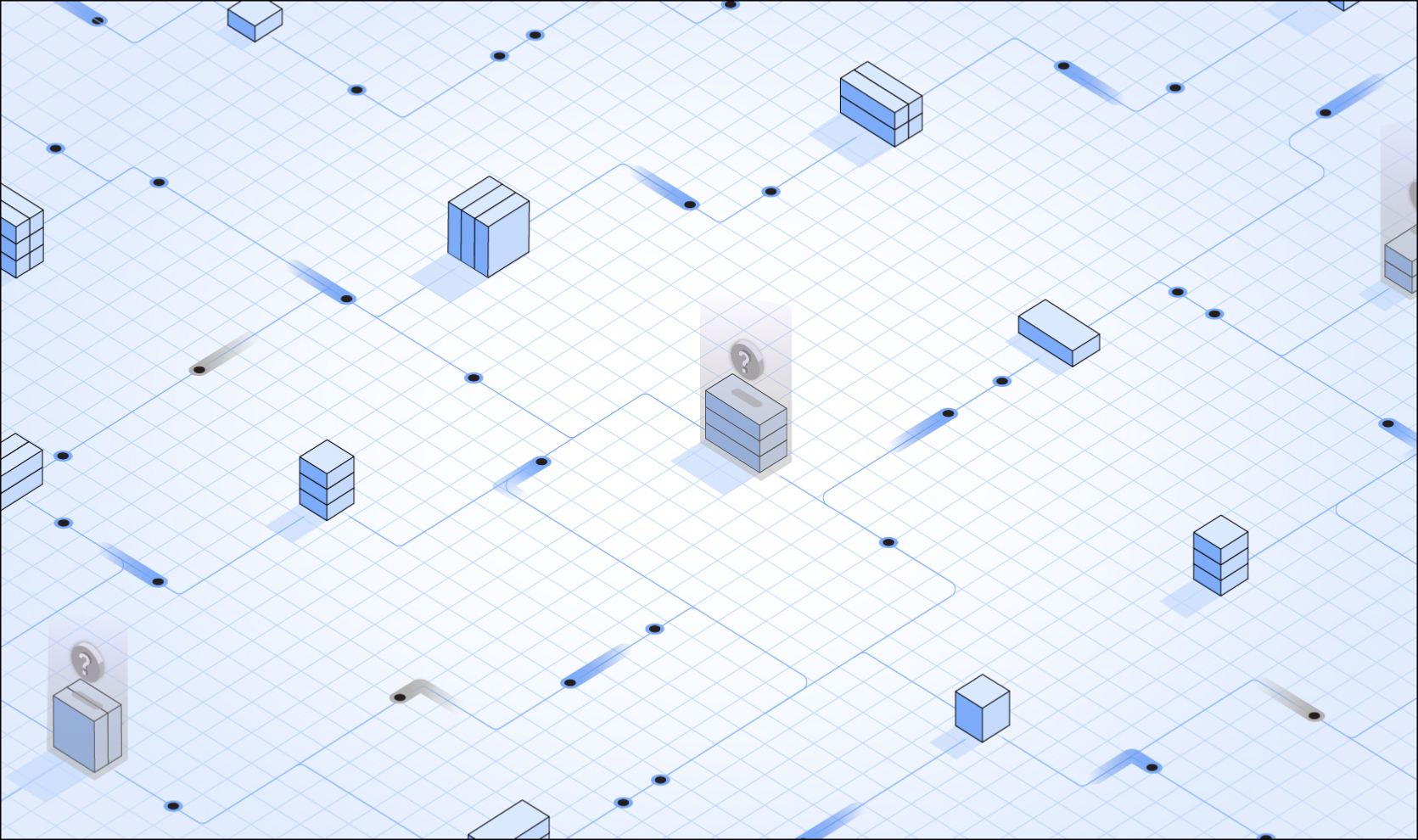 Isometric network grid with multiple rectangular and square 3D blocks connected by lines and dots, some marked with question mark icons.