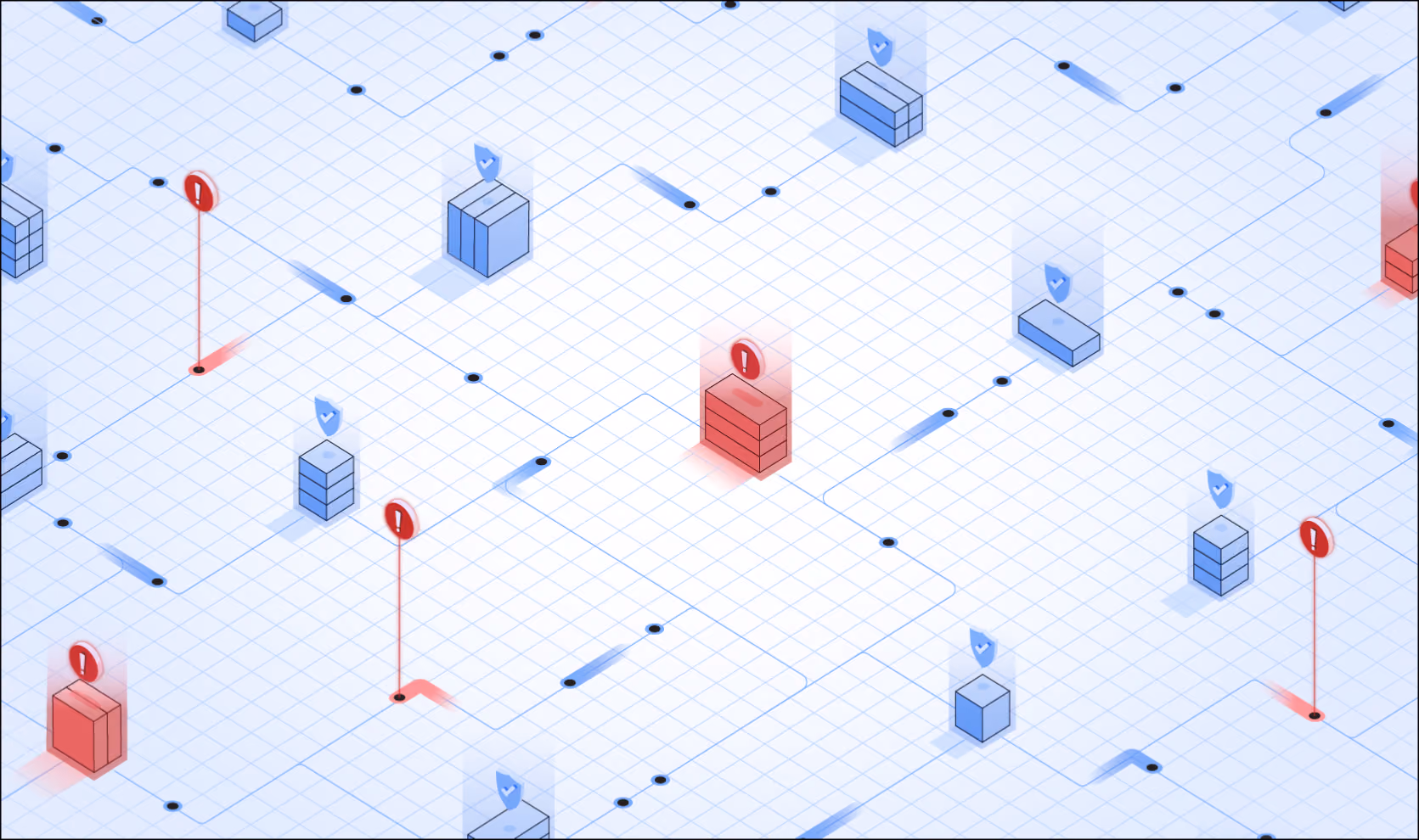 Digital network grid with blue secure nodes marked by shield icons and red alert nodes marked by exclamation points.