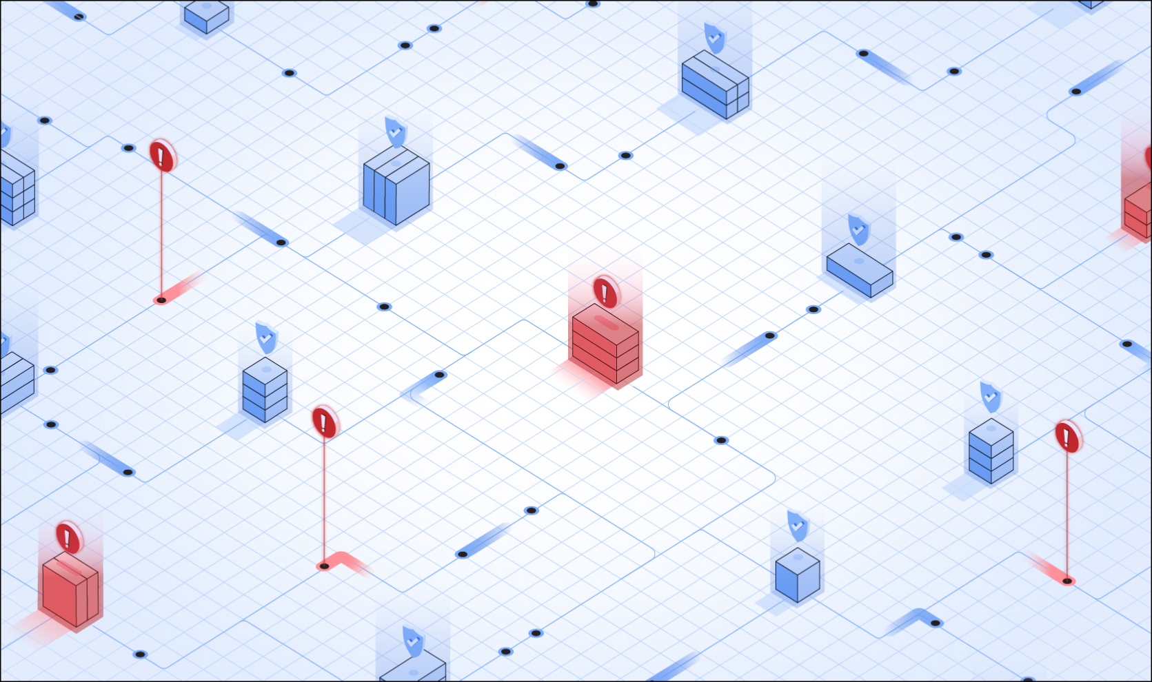 Digital network grid with blue secure nodes marked by shield icons and red alert nodes marked by exclamation points.