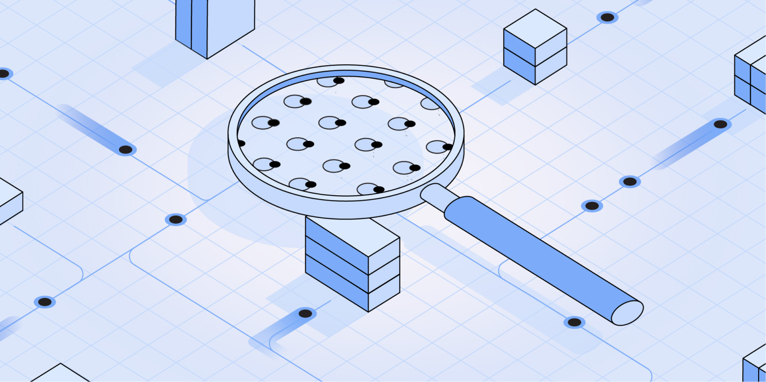 Illustration of a magnifying glass analyzing connected nodes on a blue grid network with cubes.