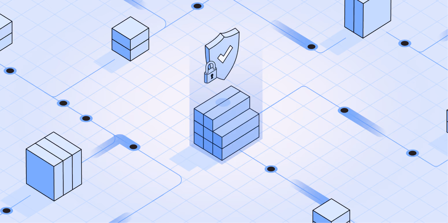 Abstract digital network with interconnected blue cubes, featuring a central shield and lock icon symbolizing cybersecurity.