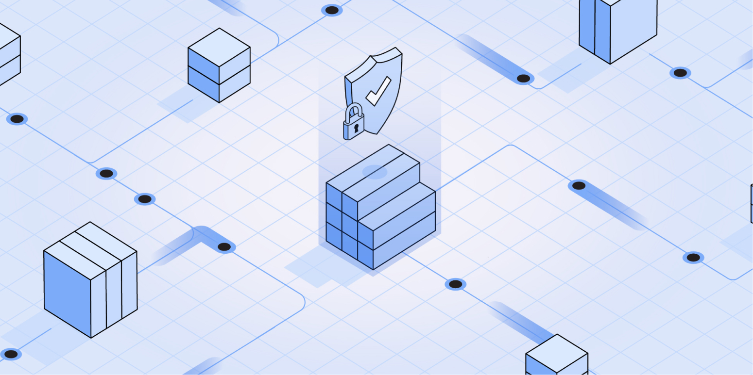 Abstract digital network with interconnected blue cubes, featuring a central shield and lock icon symbolizing cybersecurity.
