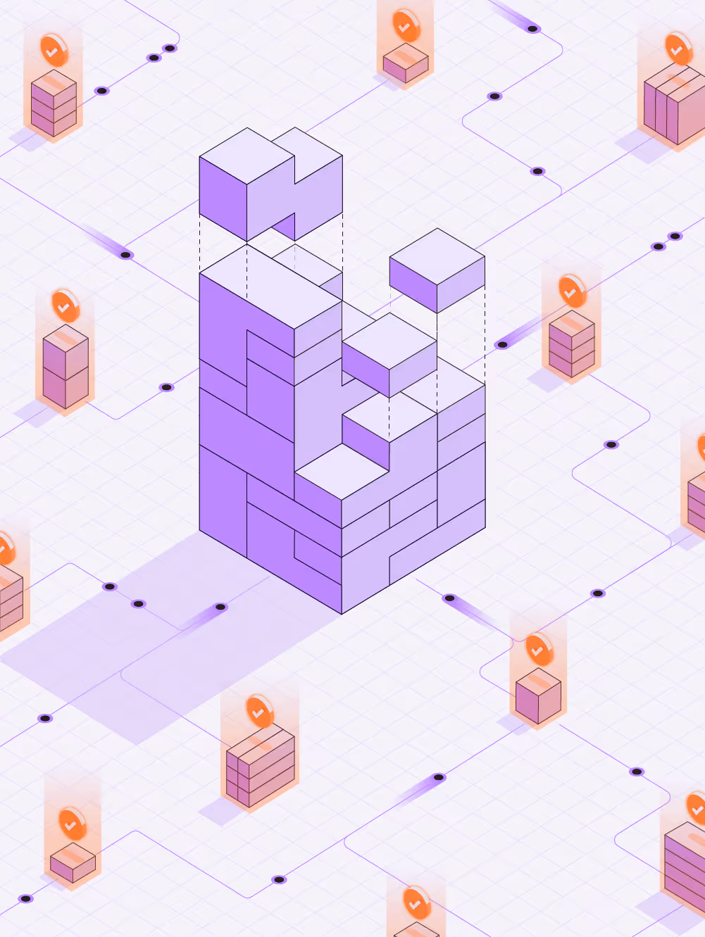 3D purple blocks assembled with some floating parts connected by purple lines to smaller orange blocks with checkmarks.