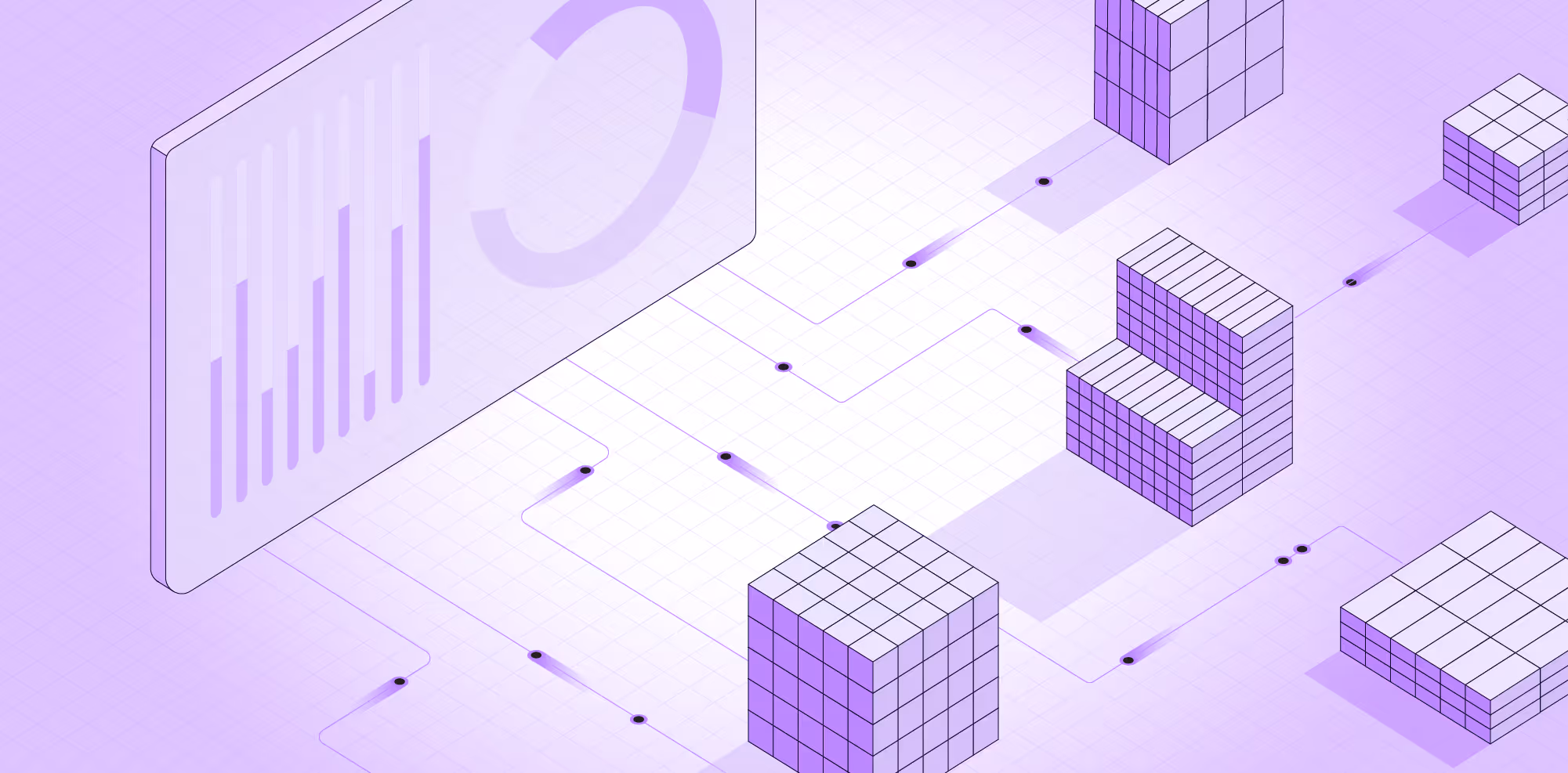Isometric illustration of interconnected 3D block structures with translucent screen displaying abstract bar and circular charts, all in shades of purple.