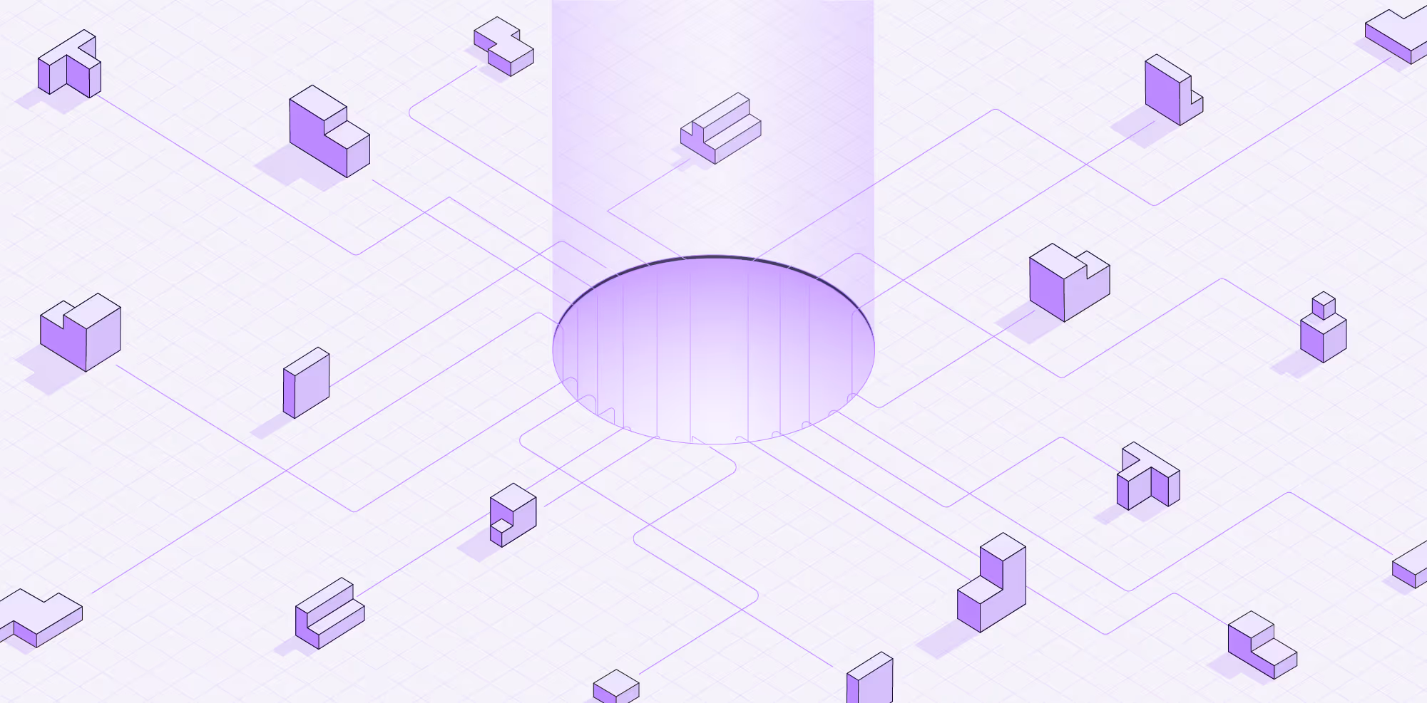 Isometric purple geometric shapes connected by lines converging into a glowing central hole on a grid background.