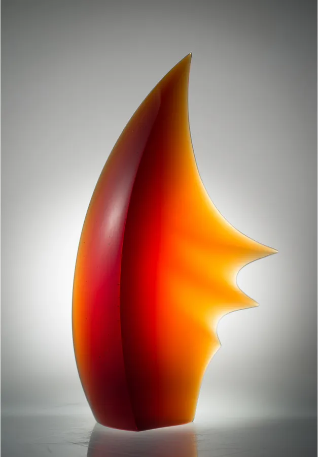 Attitude sculpture, 22x12x4 inches, orange glass form