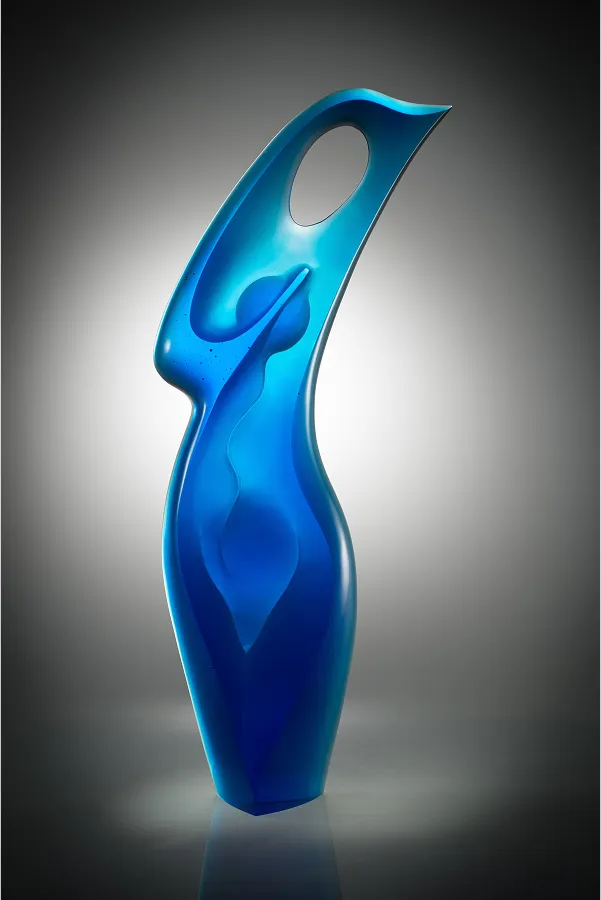 Caress sculpture, 27x10x4 inches, blue glass form
