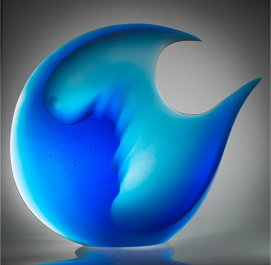 Deviation sculpture, 33x42x6 inches, blue glass form