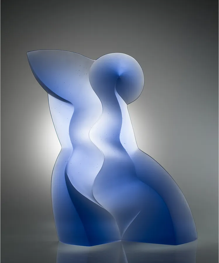 Woman in Blue sculpture, 27x24x4 inches, blue glass form