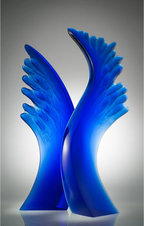 Wings sculpture, 24x14x8 inches, blue glass form