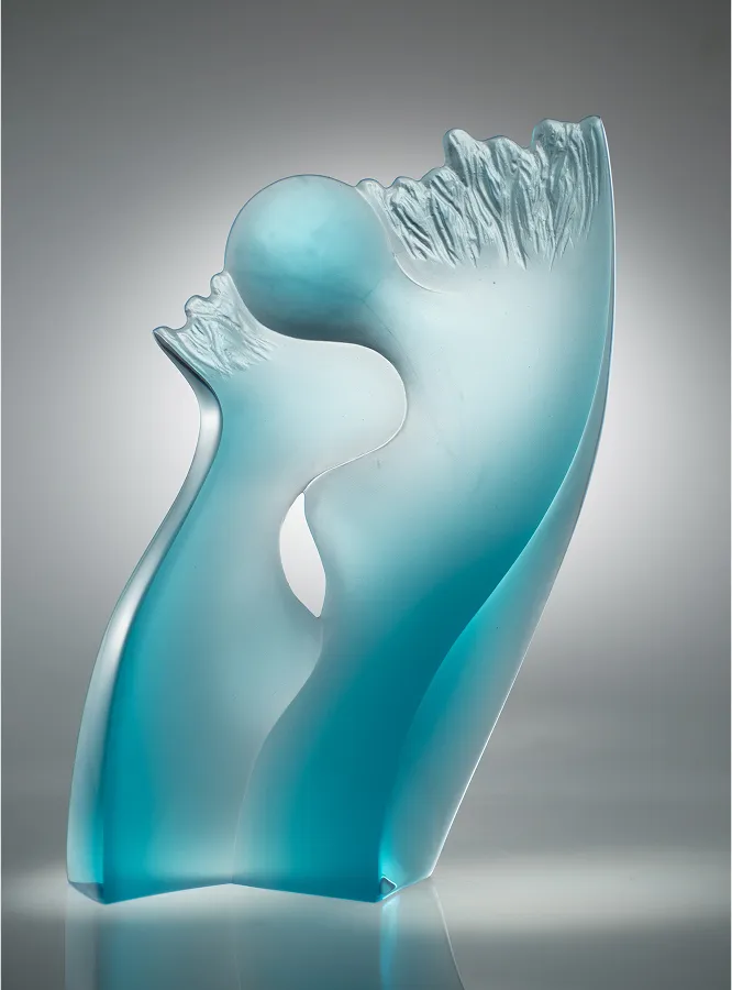 Searching sculpture, 18x12x4 inches, blue glass form