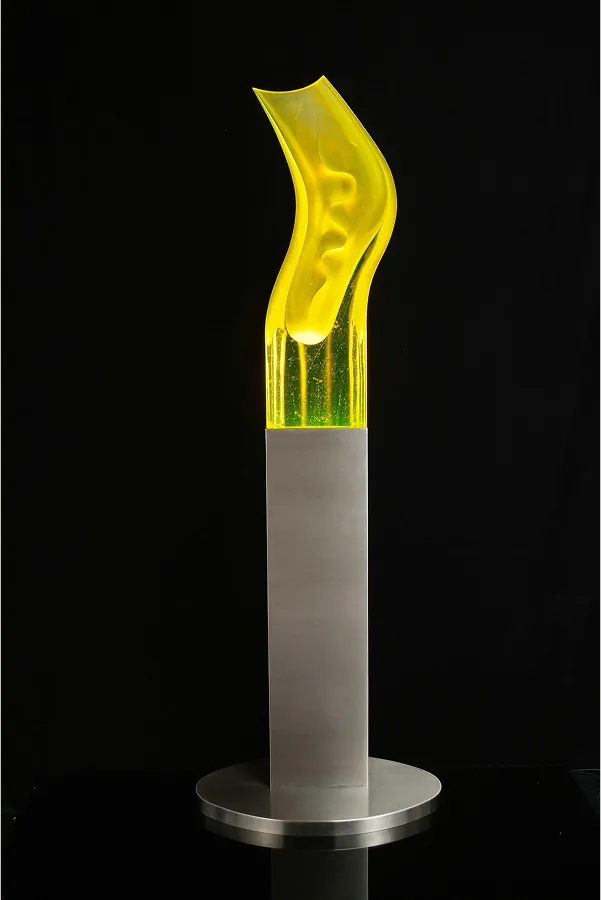 Radiance Back sculpture, 76x26x27 inches, yellow glass form on a beam