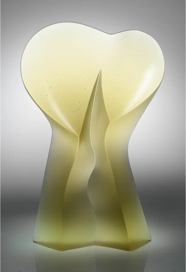Heart sculpture, 21x13x4 inches, light yellow glass form