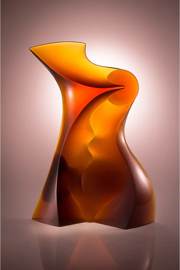 Gesture sculpture, 22x5x4 inches, orange glass form