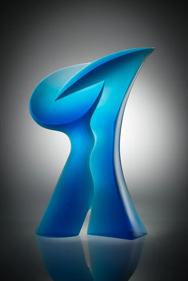 Embrace sculpture, 21x13x4 inches, blue glass form