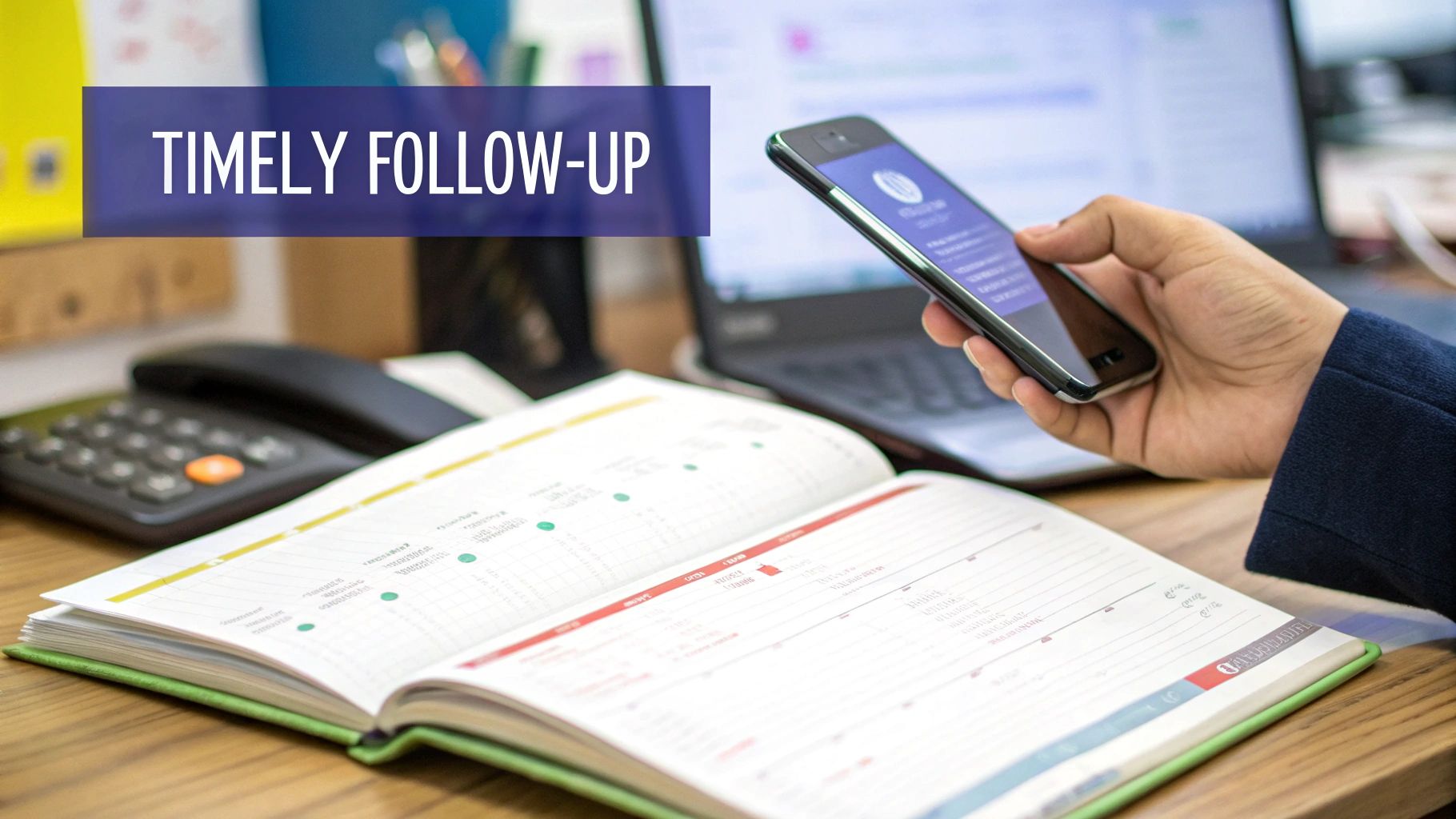 A person smiling while on a video call, representing a positive follow-up with a client.