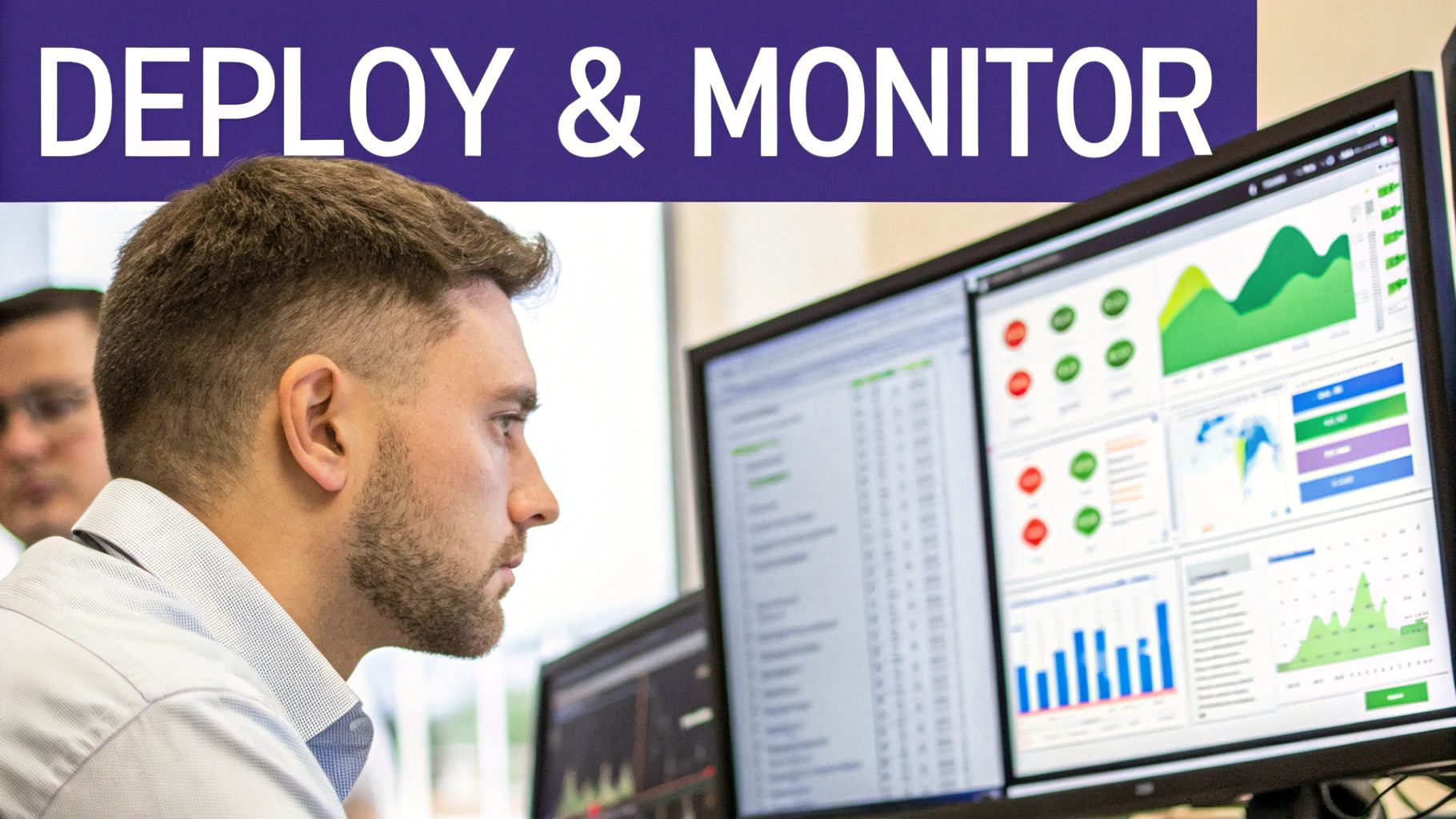 An illustration of a person interacting with an AI assistant on a screen, with question marks floating around.